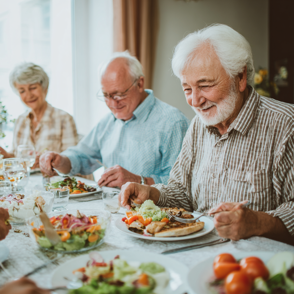 Group of mature adults enjoying healthy meal together