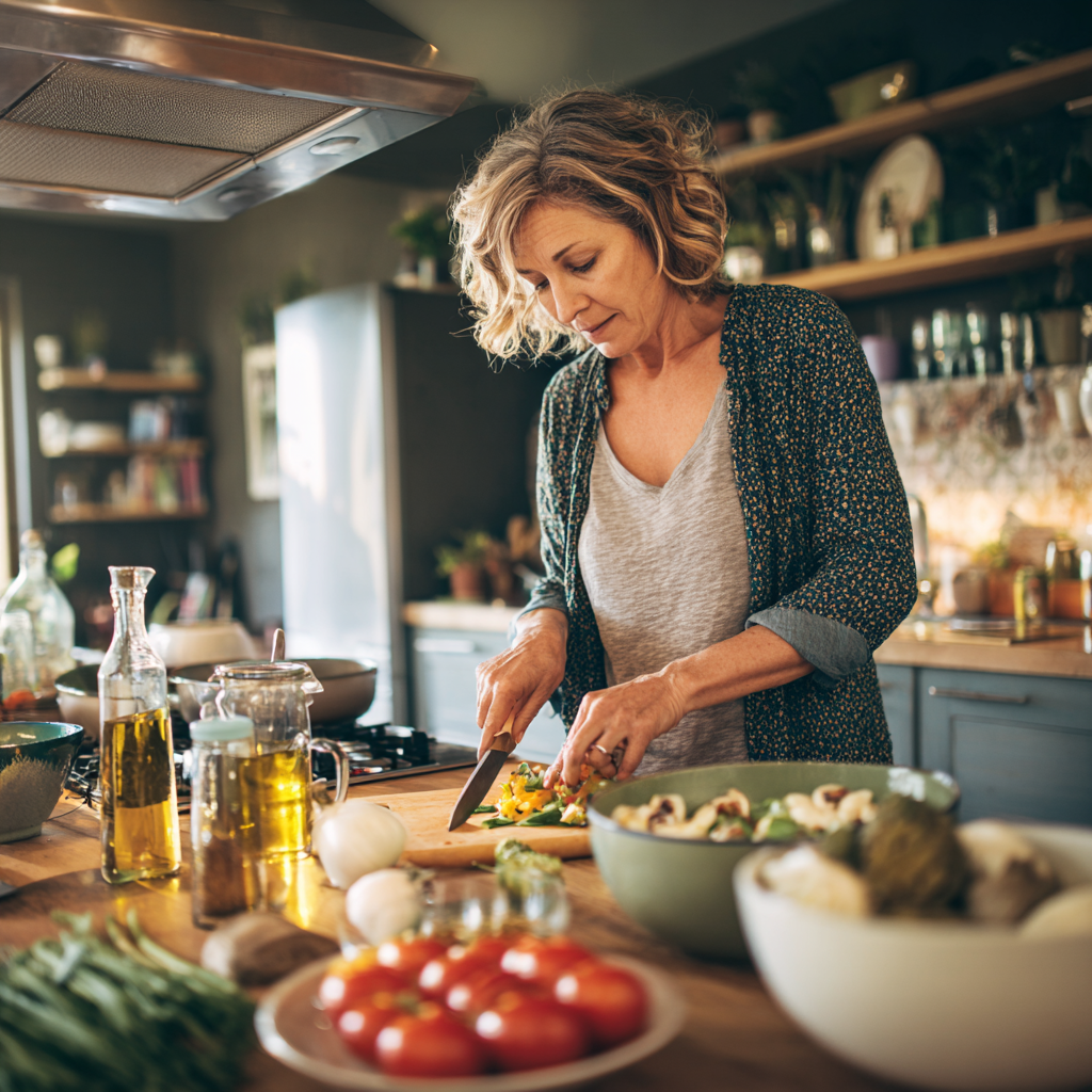 Middle-aged woman preparing healthy meal in modern kitchen